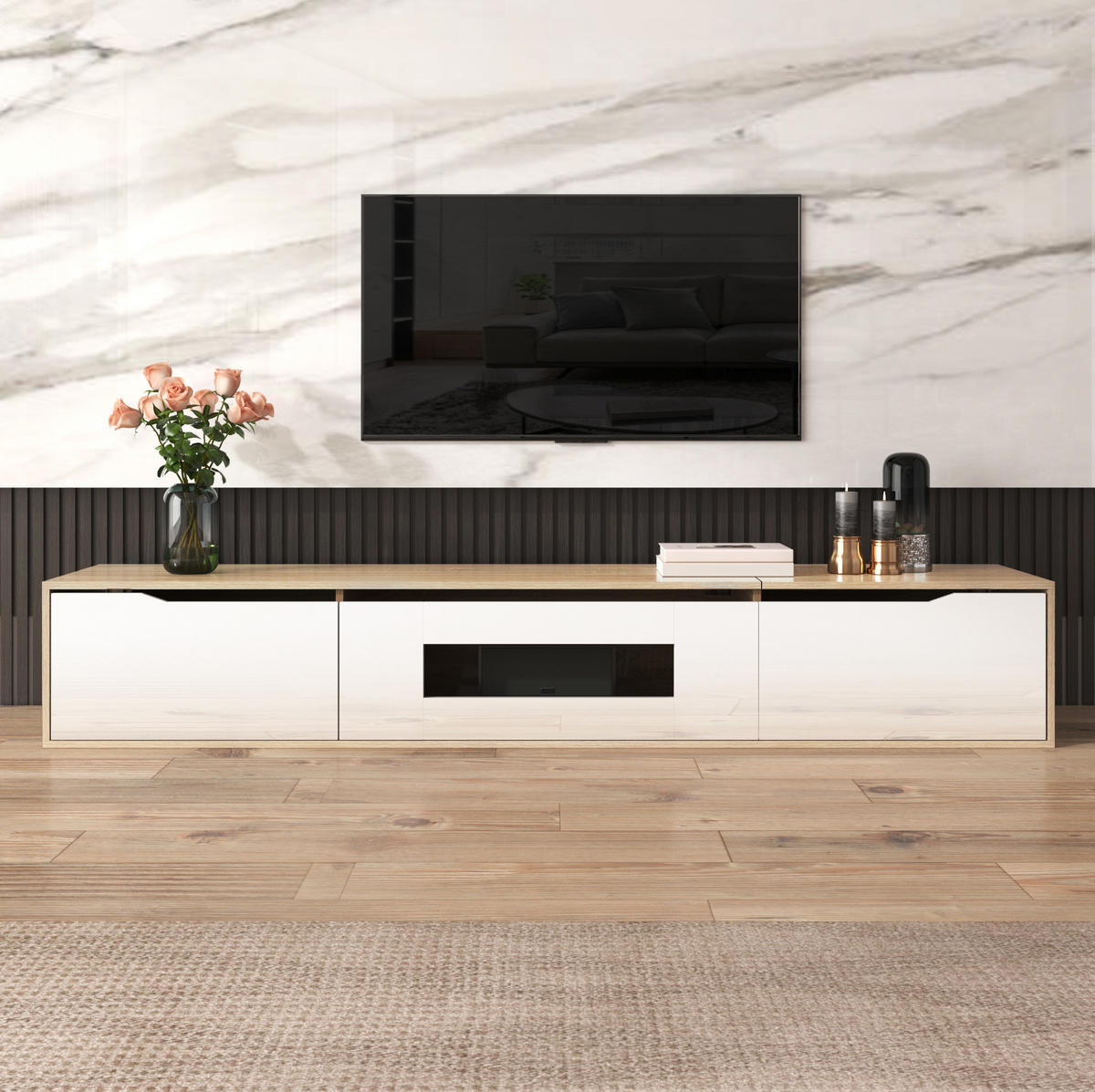 TV-SCHRANK in Weiß Hochglanz mit Holzoptik und LED 180/35/30 cm - Weiß, Holzwerkstoff (180/35/30cm) - Redom