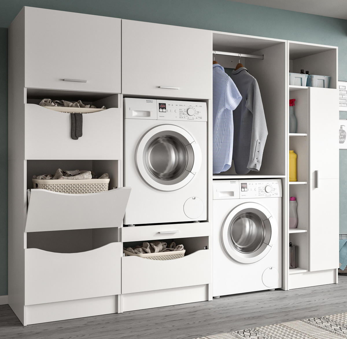 WASCHMASCHINENSCHRANK weiß Set 4-teilig 242 cm, Waschmaschinenumbau XXXL mit viel Stauraum - Silberfarben/Weiß, Glas/Holzwerkstoff (242/196/68cm) - Inn.Furn