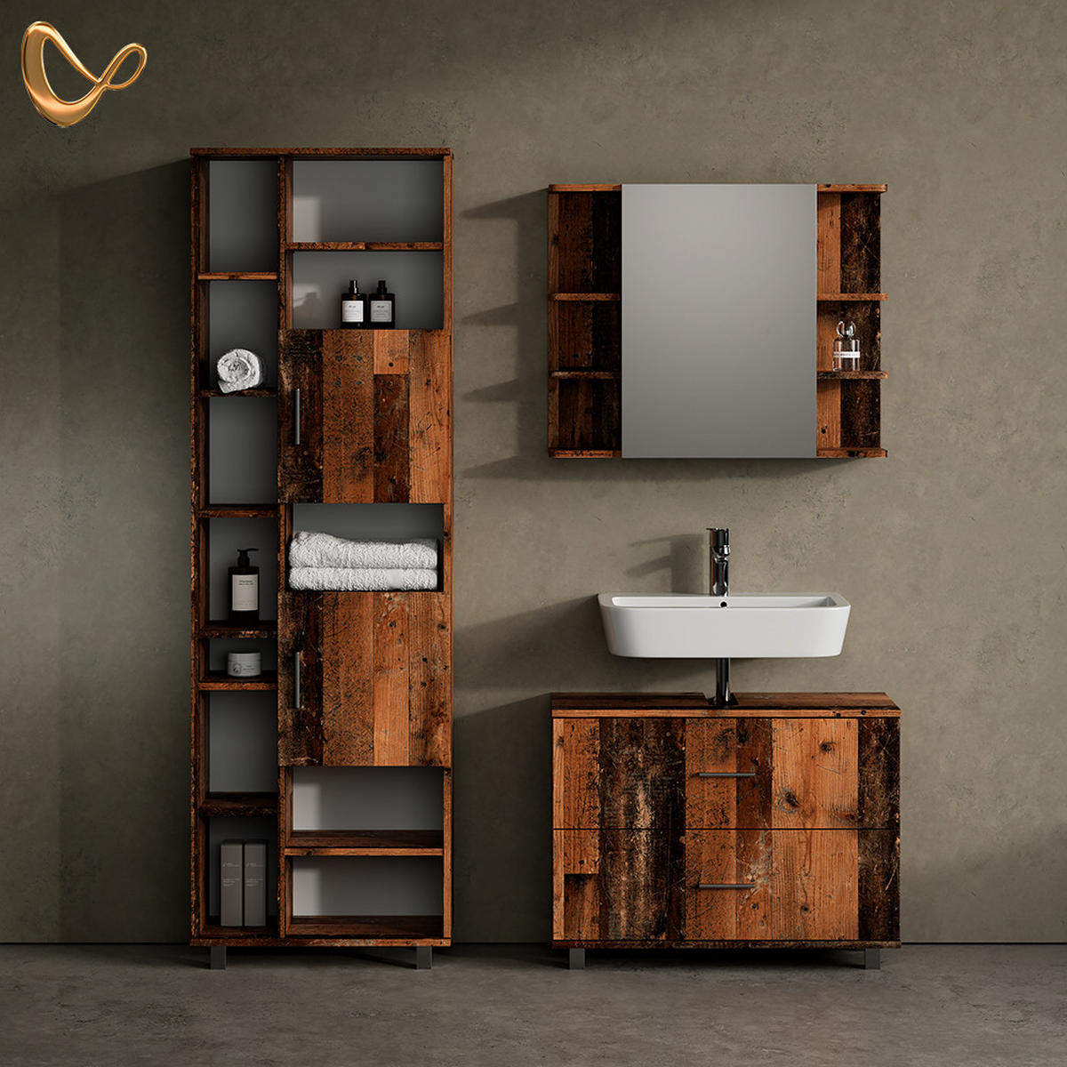 BADMÖBEL-SET Eisak Eiche rustikal 3 Teile, mit Hochschrank - Wildeiche, Holzwerkstoff (80/60/33cm) - Livinity®