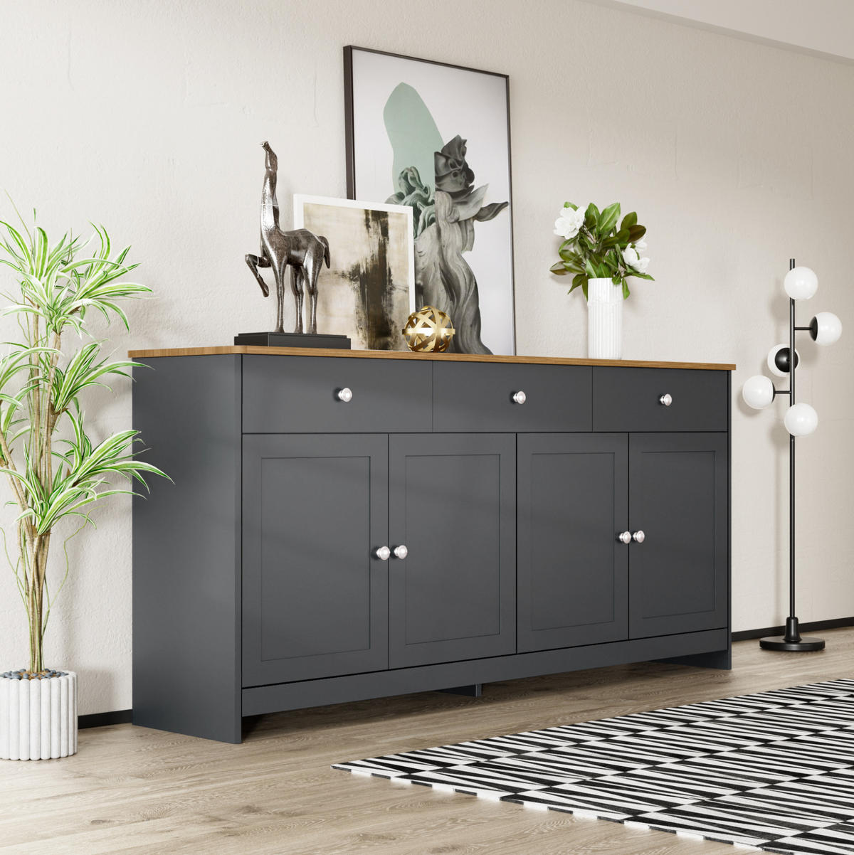 SIDEBOARD aus MDF und Spanplatte 160x37x75 cm Grau-Schwarz mit 3 Schubladen und 4 Türen - Schwarz, Holzwerkstoff (160/75/37cm) - IVMEU
