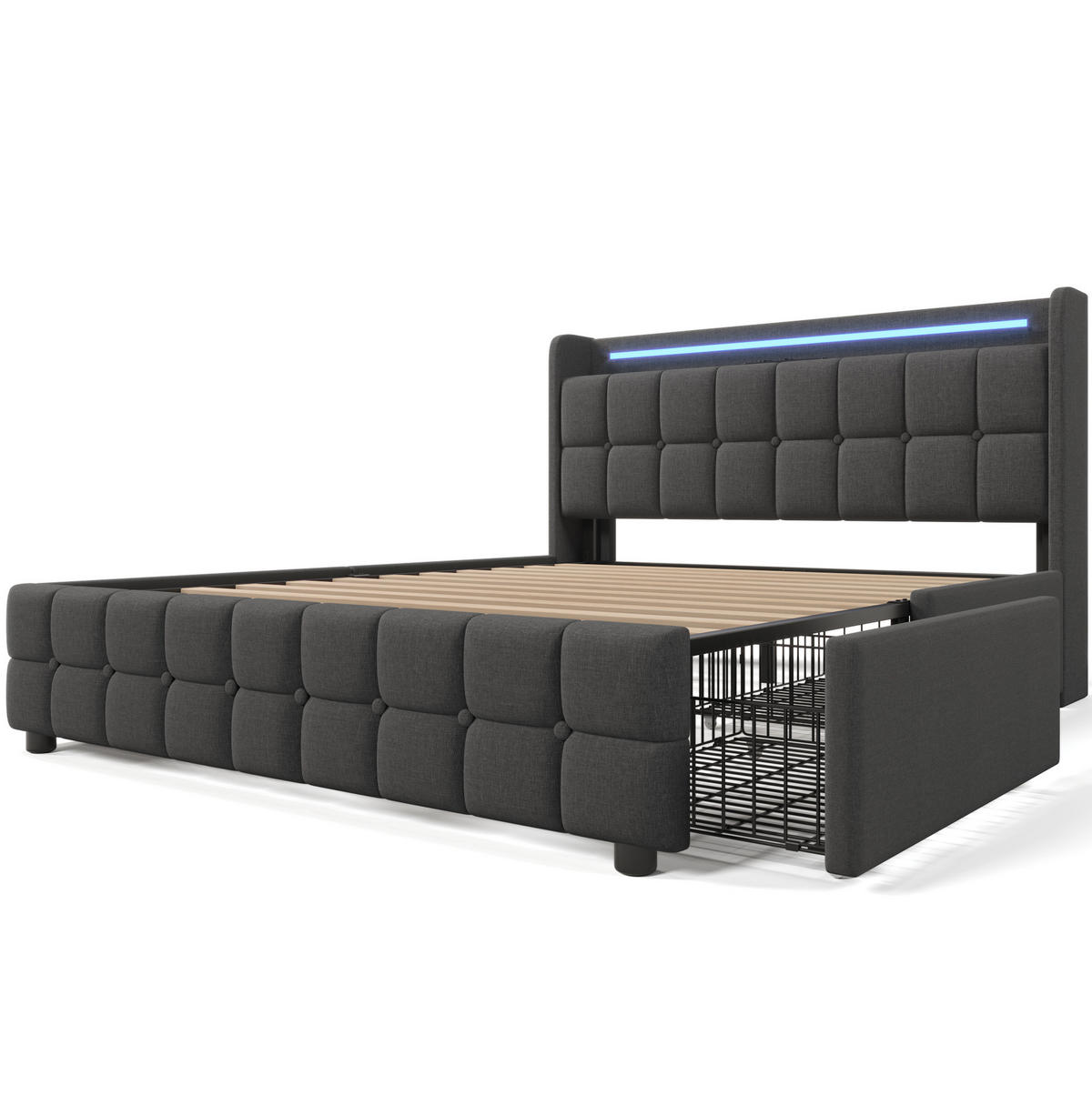 POLSTERBETT mit USB und LED 180x200 cm Grau mit 4 Schubladen - Grau, Holz (180/200cm) - Meubliv