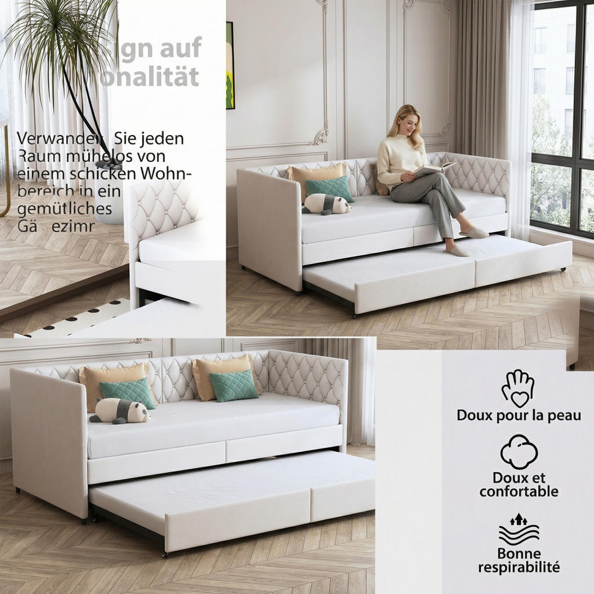 SCHLAFSOFA 90/180x200 cm in Beige, ausziehbar, Samt - Beige, Holz/Metall (180/200cm) - PARAFTA HOME