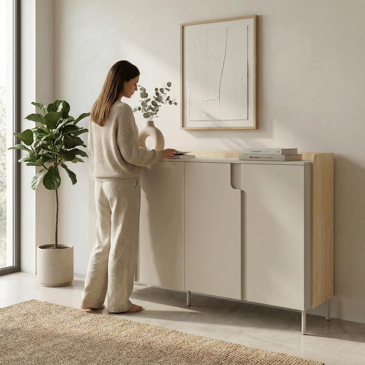 KOMMODE Positivo mit 4 Türen, 180 cm, Mavelie-Eiche + Macadamia - Eichefarben, Holzwerkstoff (183/110/42cm) - Beautysofa