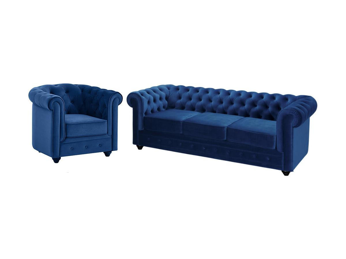 COUCHGARNITUR 3+1 - Samt - Dunkelblau - CHESTERFIELD - Blau, Textil (88/72/205cm) - Vente-Unique