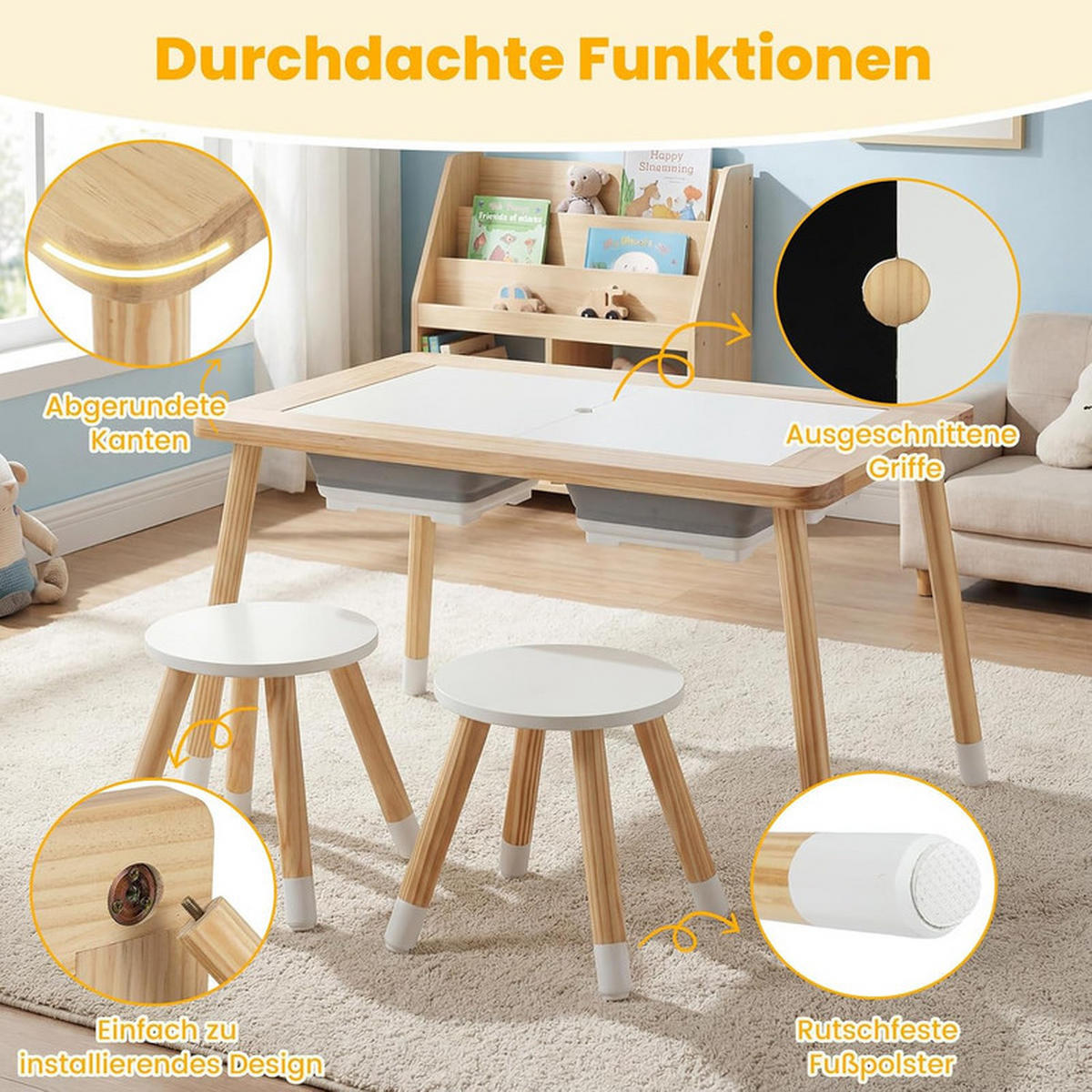 KINDERSPIELTISCH Runder natur(3-tlg) - Naturfarben, Holz (81/50/58cm) - COSTWAY