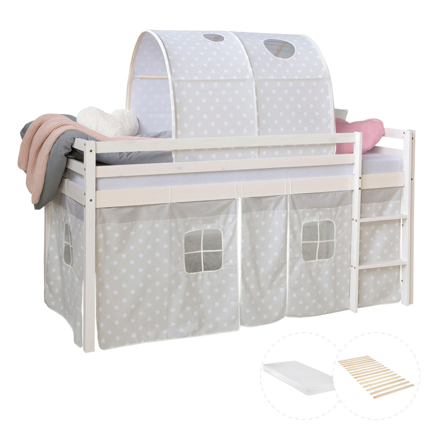 HOCHBETT 90/200 cm mit Lattenrost und Matratze Tunnel Sterne - Weiß, Holz - Homestyle4u