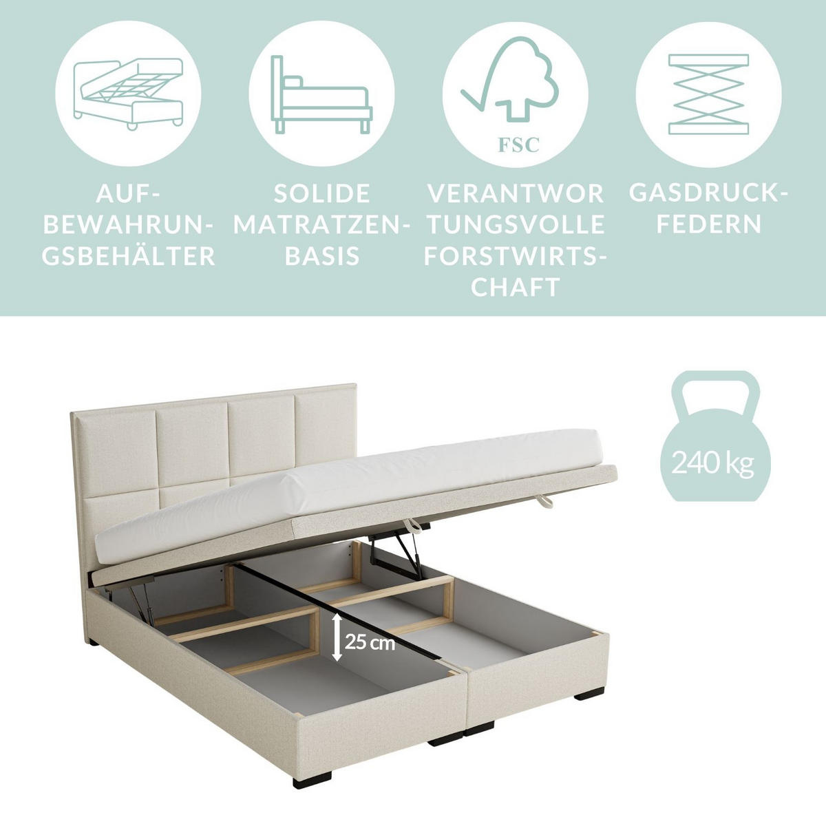 POLSTERBETT Fogo 200/200 cm, in Beige, Bettkasten, gepolstertes Kopfteil - Beige/Schwarz, Holz/Holzwerkstoff (200/200cm) - Maison de Reve
