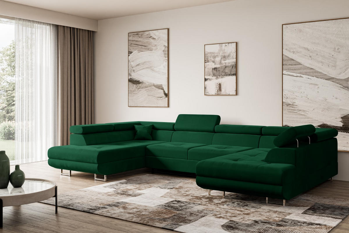 WOHNLANDSCHAFT mit Schlaffunktion und Bettkasten GUSA-U 342x202x107 cm Grün Velours - Silberfarben/Grün, Holzwerkstoff/Textil (342/107/202cm) - ALTDECOR