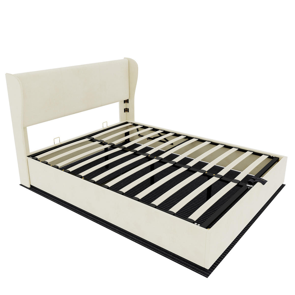 BETT 140x200 cm Beige Stoff mit gepolstertem Kopfteil - Beige, Metall (140/200cm) - Meubliv