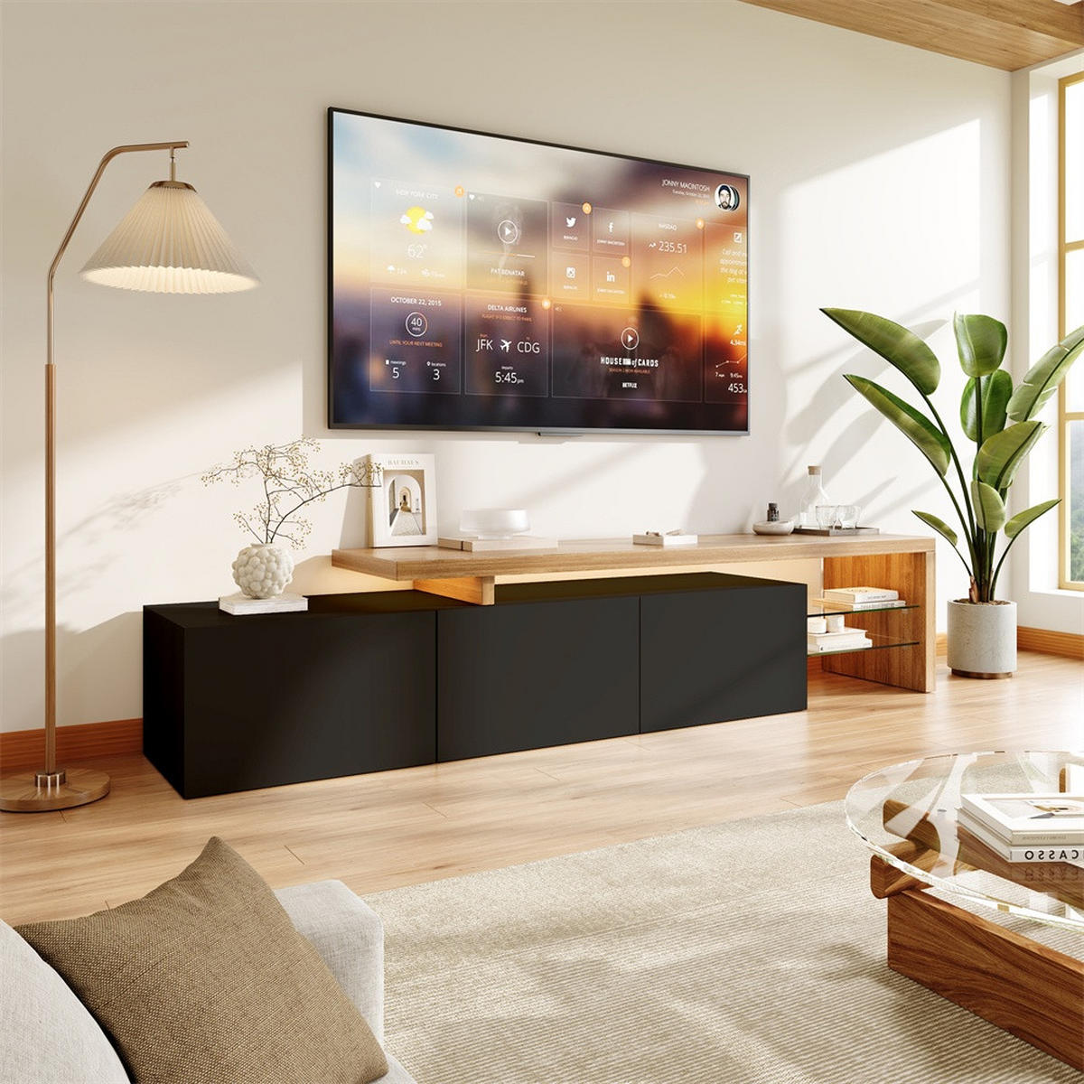TV-LOWBOARD - TV-Schrank mit LED-Beleuchtung - offenem Glasregal und Stauraum - Schwarz+Natur - Schwarz, Holzwerkstoff (39/42/200cm) - DELFA