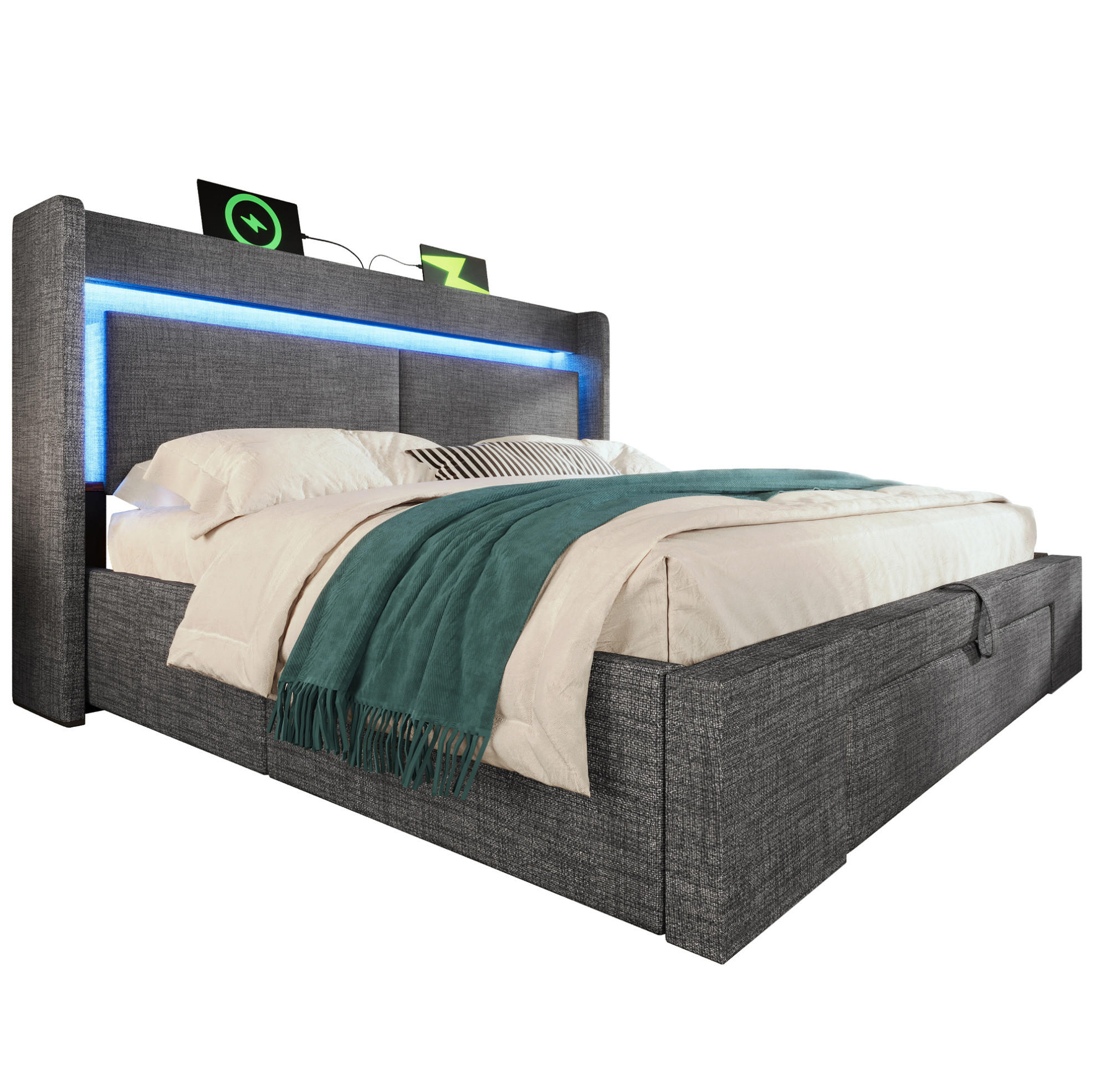 Modfu ČALOUNĚNÁ postel ze lnu 140x200 cm šedá s LED osvětlením, USB a USB-C, hydraulickým úložným prostorem a matrací