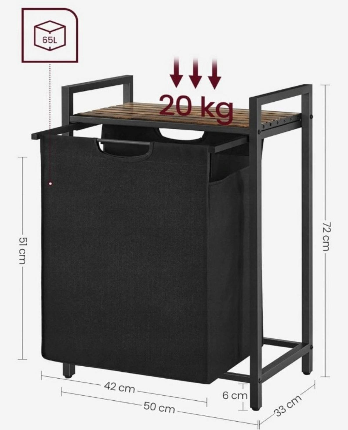 WÄSCHEKORB, schwarz 50x33x72 cm - Schwarz, Holzwerkstoff (50/72/33cm)