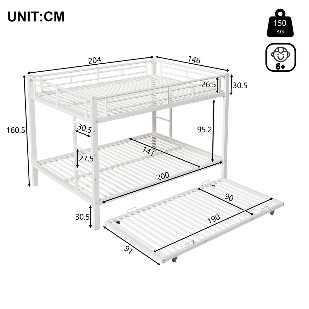 ETAGENBETT 140x200cm Weiß Metall Ausziehbett hohe Geländer - Weiß, Metall (140/200cm) - FLIEKS
