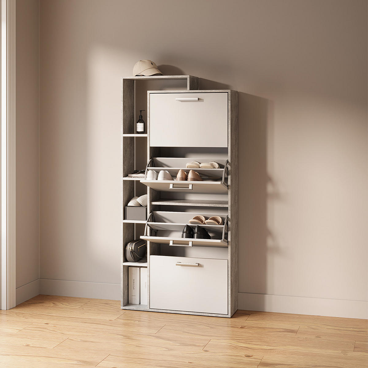 SCHUHKIPPER Ortello Weiß/Beton 80 x 166.1 cm mit 4 Fächern - Weiß/Grau, Holzwerkstoff (80/166.1/24.2cm) - Livinity®