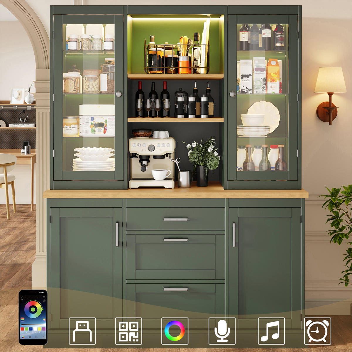 MEHRZWECKSCHRANK mit App-gesteuerter LED-Beleuchtung, 3 Schubladen und Arbeitsplatte Grün 185/140/40 cm - Grün, Glas/Holzwerkstoff (140/185/40cm) - EVRYAE