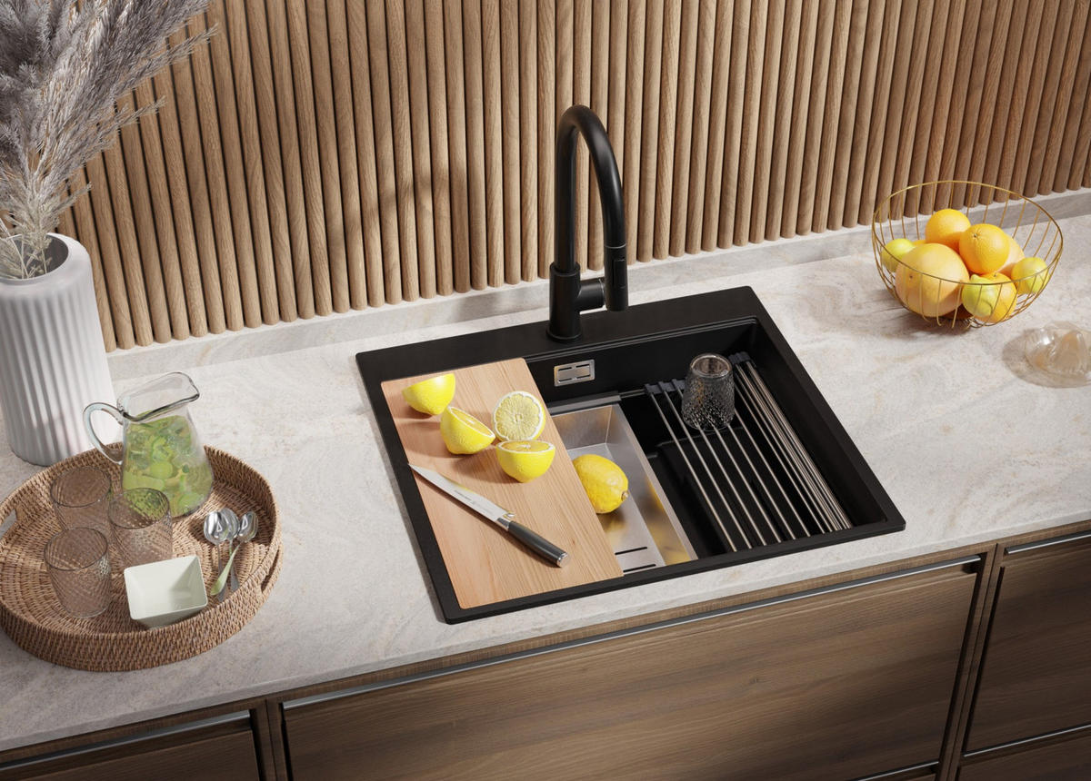 SPÜLBECKEN Oslo Max, 2-er set Alles Schwarz 58/53 cm 1 Becken + Ablauf-Set + Küchenzubehörset ab 60er Unterschrank - Schwarz, Kunststoff (58/20/53cm) - Primagran