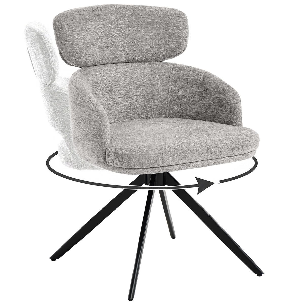 DREHSTUHL Tuso, Polsterstuhl mit Armlehnen und Kopfstütze, Bouclé-Stoff, Hellgrau - Hellgrau/Schwarz, Metall (49/81/55cm) - Beautysofa