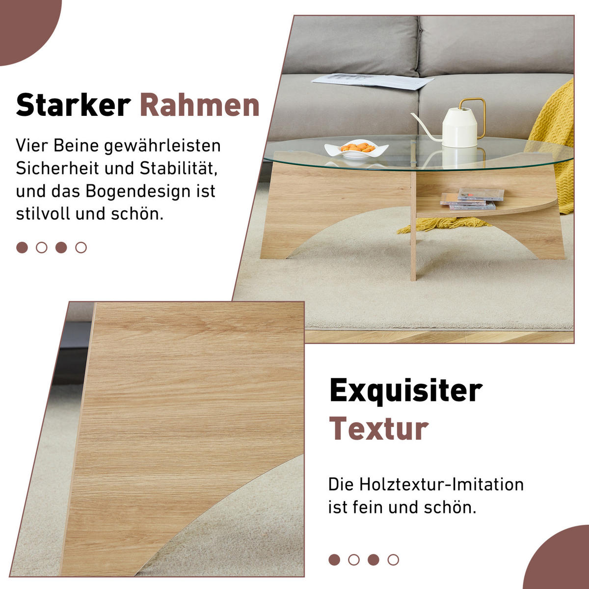 COUCHTISCH 104,9/60/45 cm mit Sicherheitsglas, Ablagefach und ovalem Design, Transparent, Holzfarben - Transparent, Glas (104.9/60/45cm) - Redom