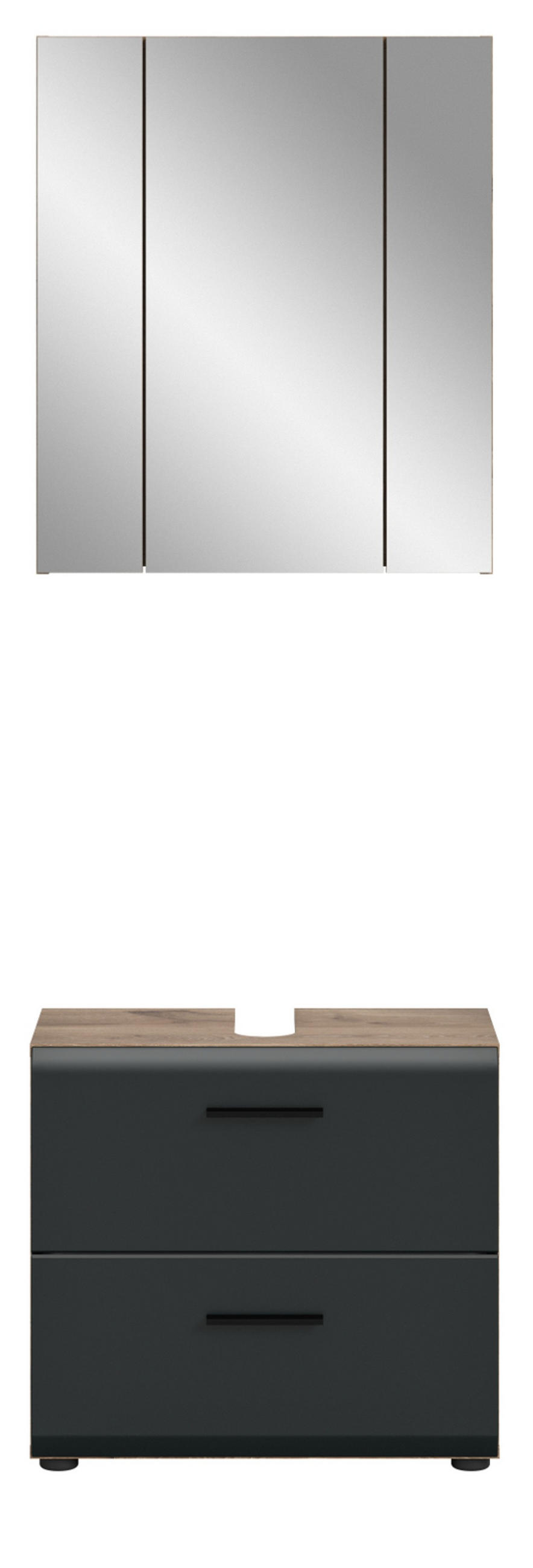 BADMÖBEL-SET 2-teilig schwarz matt und Eiche, Badezimmer mit Spiegelschrank, Vollauszug, Breite 60 cm - Eichefarben/Schwarz, Glas/Holzwerkstoff (60/185/30cm) - Inn.Furn