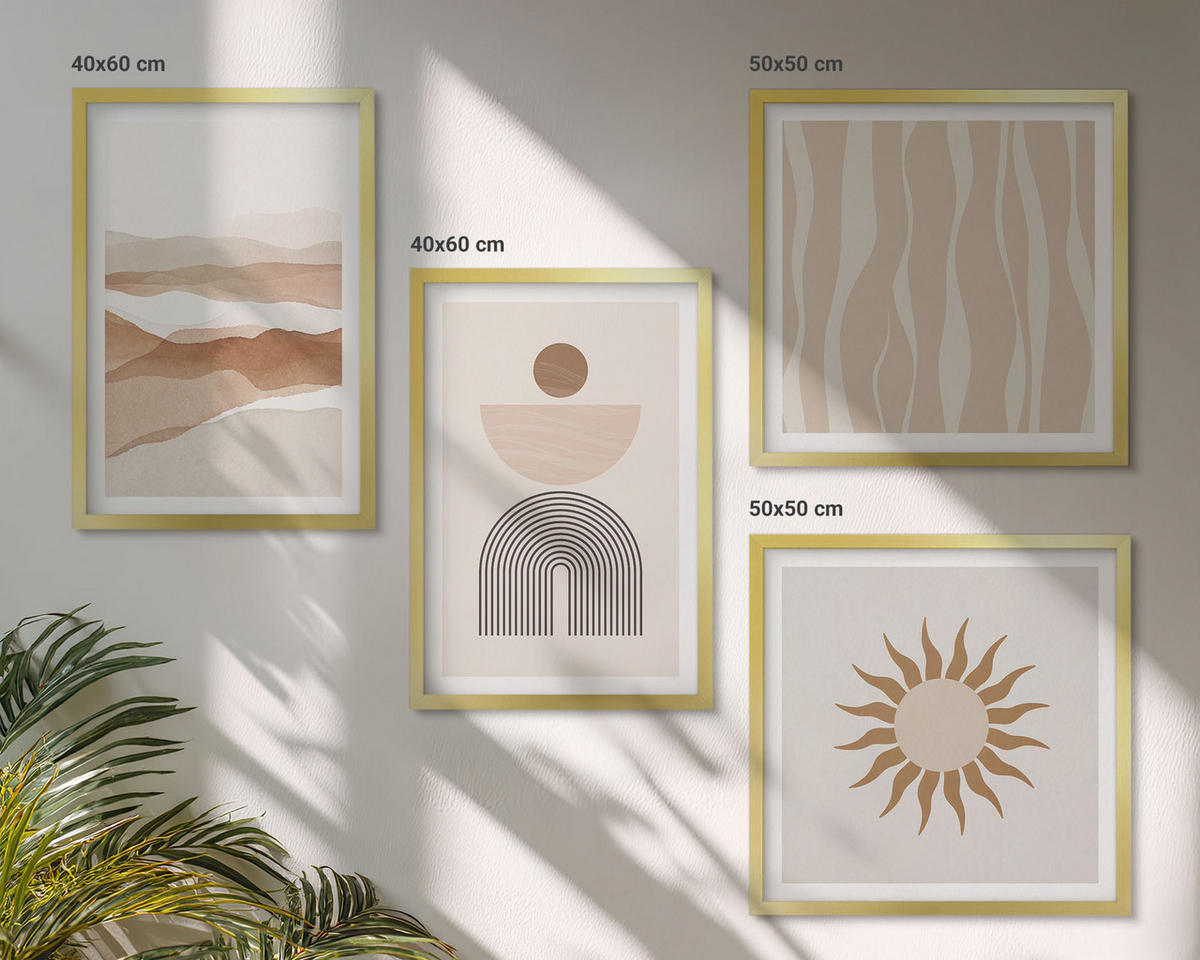 WANDBILDER 4er Set - 50x50 cm & 40x60 cm Goldrahmen - Abstrakte Landschafts- und Naturgeometrie - Goldfarben, Kunststoff (50/50cm) - ArtPrintCave