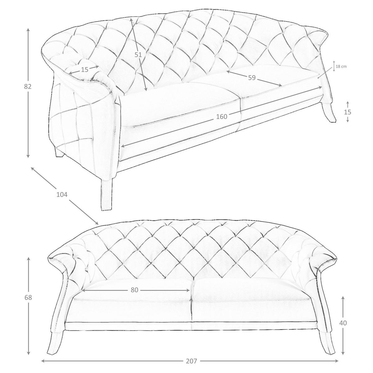 CHESTERFIELD-SOFA Klassisch Grau Honig 207/104/82 cm - Grau/Honig, Leder (207/82/104cm) - ANGEL CERDA