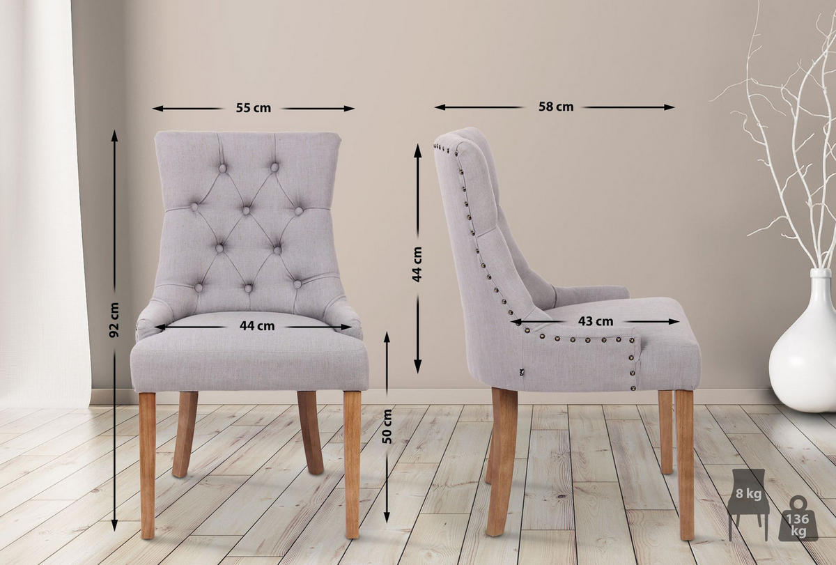 WOHNZIMMERSTUHL 2er Set Stoff grau - Naturfarben/Grau, Holz/Textil (55/92/58cm) - CLP