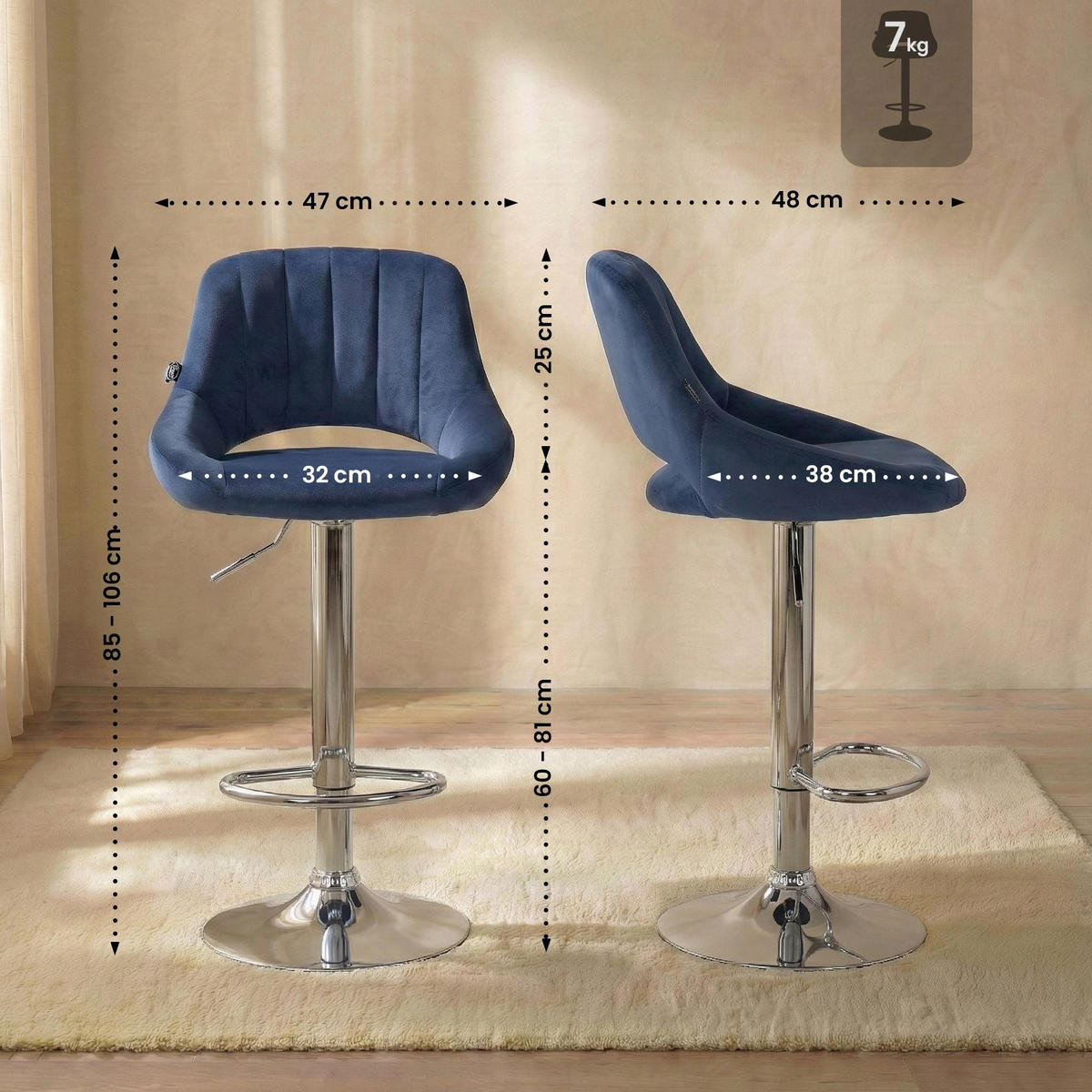 BARHOCKER Milet Samtbezug 85x47x48 cm blau - Blau, Textil (47/85/48cm) - furnicato