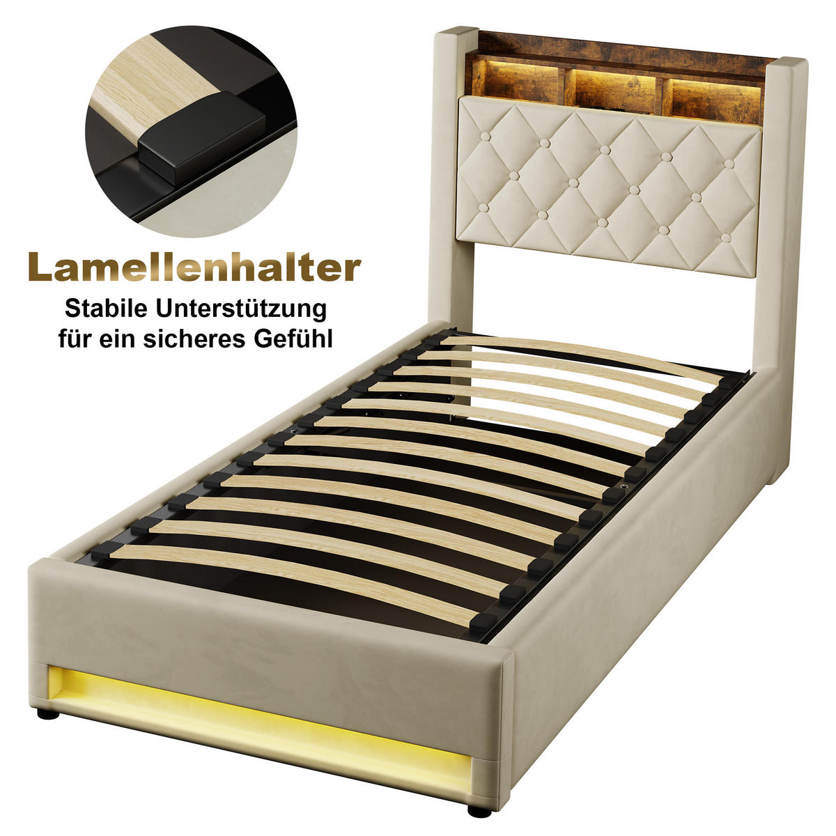 POLSTERBETT 90/200 cm mit Bettkasten und Steckdose Boxspringbett mit USB und LED-Licht Stauraumbett ohne Matratze - Beige, Holzwerkstoff/Textil (90/200cm) - STILVORA