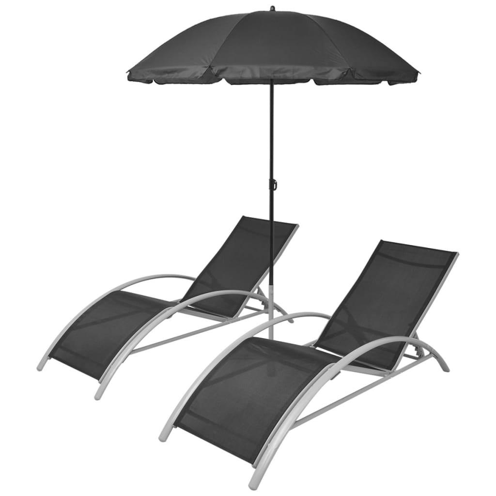 SONNENLIEGEN mit Schirm Aluminium Schwarz - Braun, Textil (60/89/156cm) - furnicato