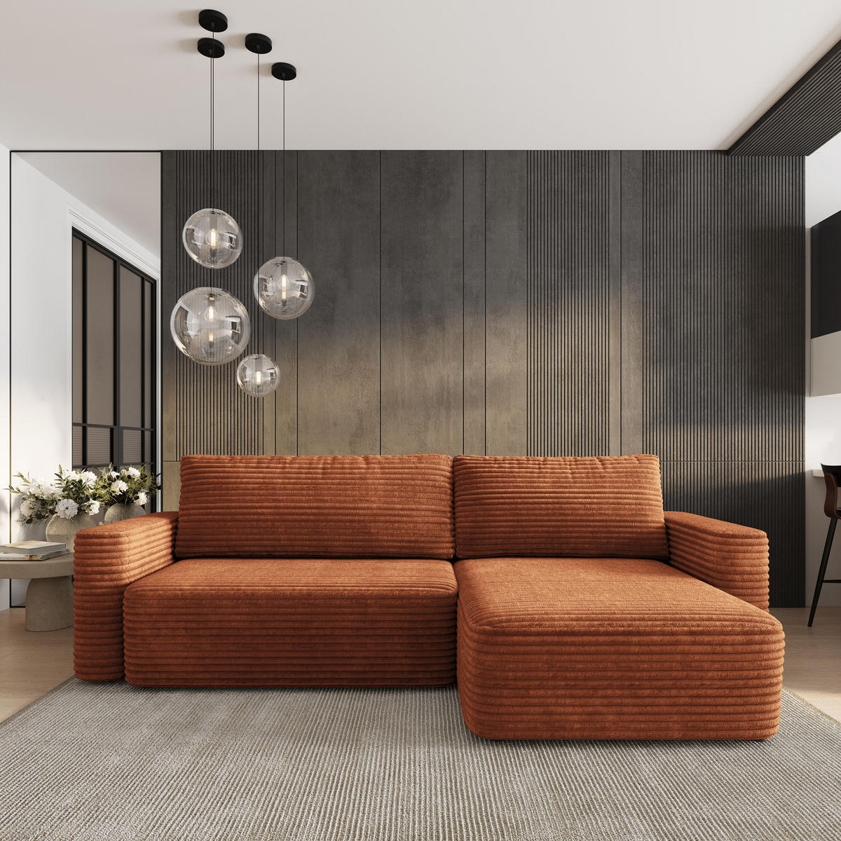 ECKSOFA TELIN Braun Kordstoff mit Schlaffunktion - Braun, Holz (280/162cm) - MASSENO