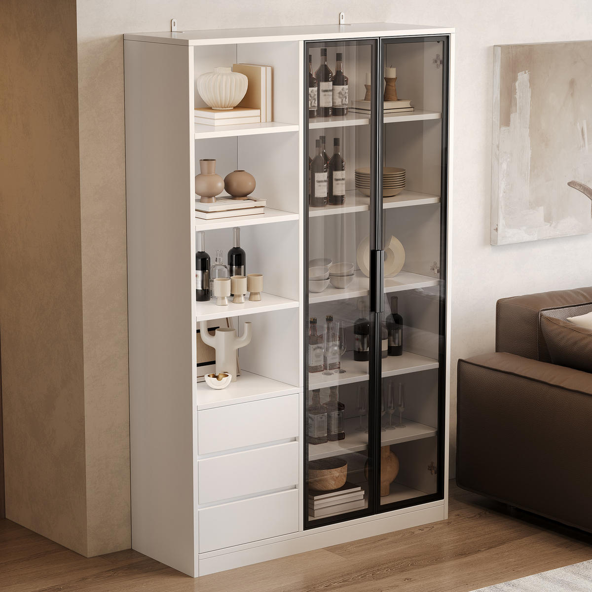 HOCHSCHRANK Weiß mit LED, 3 Schubladen und Glastüren - Weiß, Holzwerkstoff (100/160/35cm) - FLIEKS