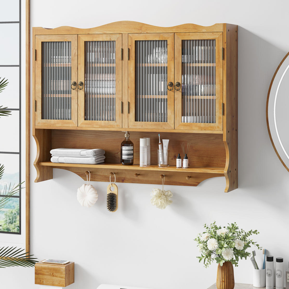KÜCHENOBERSCHRANK 100/20/80 cm in Natur mit 4 Türen, Glasfront und Hakenleiste - Naturfarben, Holz (100/80/20cm) - BEAOK