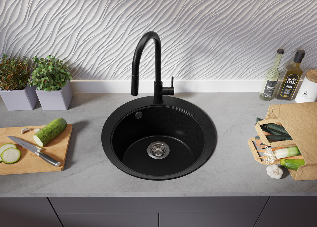SPÜLBECKEN RUND Pisa, 2-er set Schwarz 50/50 cm 1 Becken + Ablauf-Set + Schneidebrett ab 45er Unterschrank - Chromfarben/Beige, Kunststoff (50/20/50cm) - Primagran