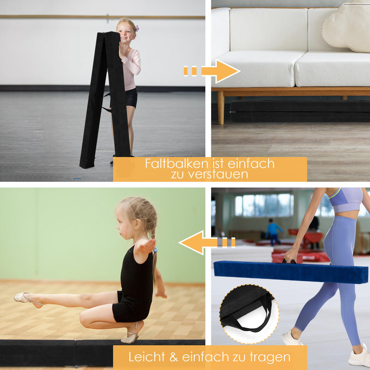 GYMNASTIKBALKEN klappbarer 210 cm Schwarz - Schwarz, Holz (10/210cm) - COSTWAY