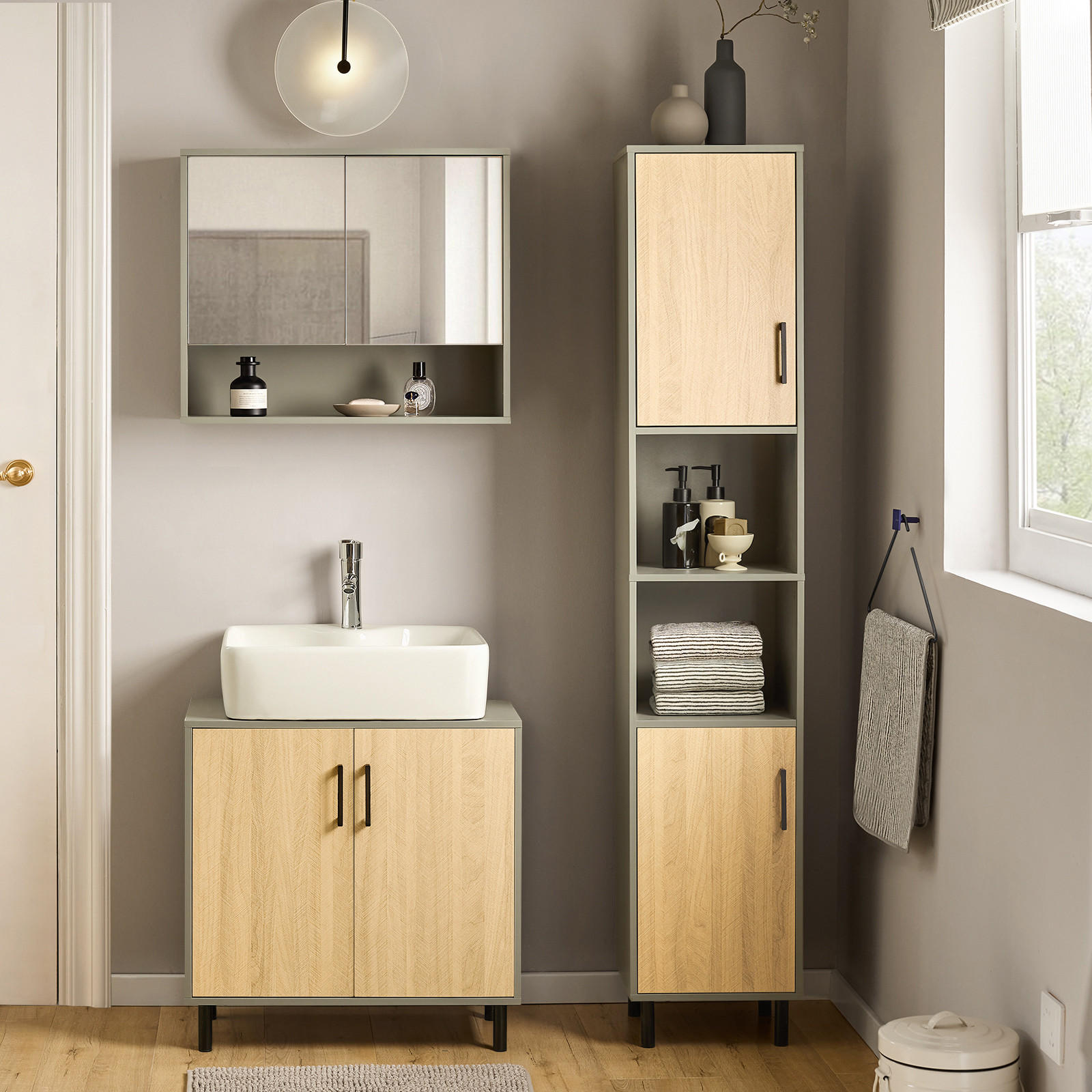 HOCHSCHRANK Grau - Naturfarben/Grau, Holzwerkstoff/Metall (32/163/32cm) - SoBuy