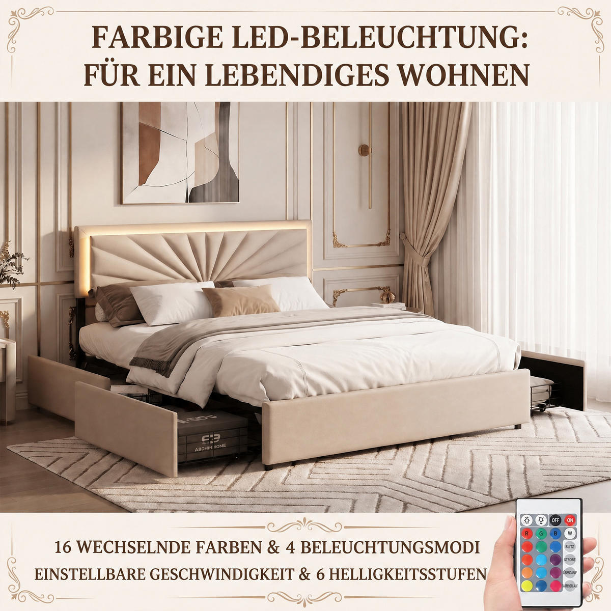 POLSTERBETT 160x200 cm mit Stauraum, Doppelbett 160 x 200 mit LED-Beleuchtung, 4 Schubladen, Lattenrost, beige Leinenstoff - Beige, Holz/Holzwerkstoff (160/200cm) - GENKI LIVING