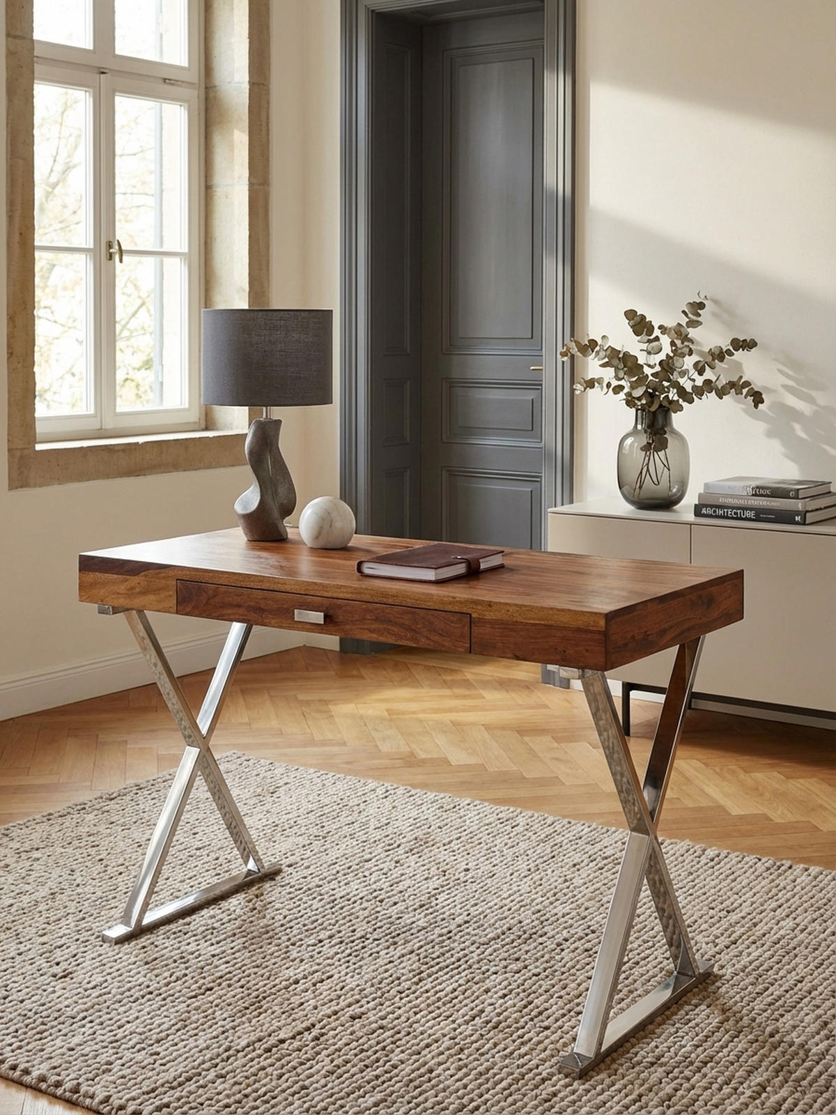 SCHREIBTISCH Massivholz X-Gestell Schublade, Silber 120x55x78 cm - Silberfarben, Holz/Metall (55/120/78cm) - KADIMA DESIGN