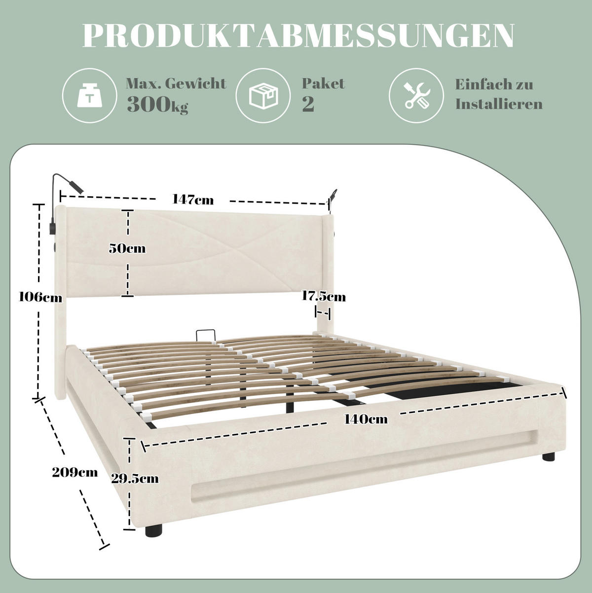 BETTGESTELL 140/200 cm Beige mit LED-Lichtleisten und hydraulischem Stauraum - Beige, Textil (140/200cm) - OKWISH