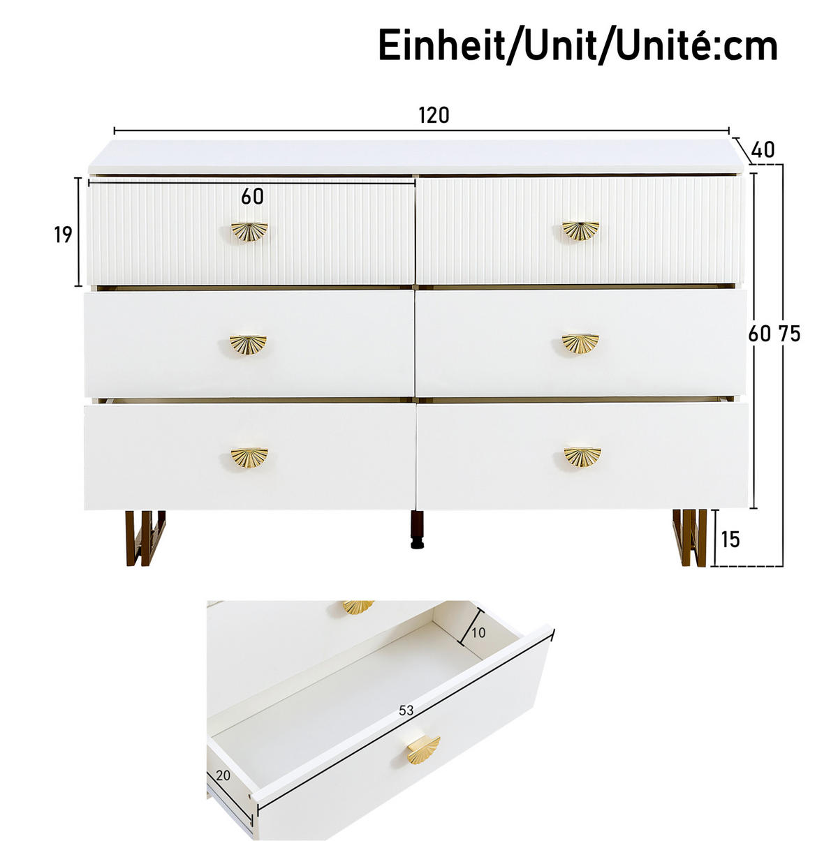 SIDEBOARD-SET mit Spiegel 120/40/75 cm in Weiß mit 6 Schubladen - Weiß, Holzwerkstoff (120/40/75cm) - BEAOK