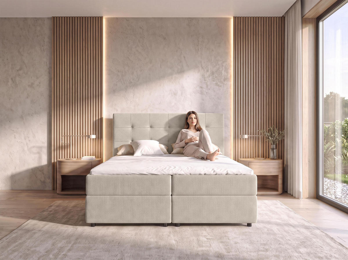 BOXBETT SAKARYA 140x200 cm mit Bettkasten und Matratze - Beige + TOPPER - Beige/Schwarz, Holz/Holzwerkstoff (140/200cm) - AX Living