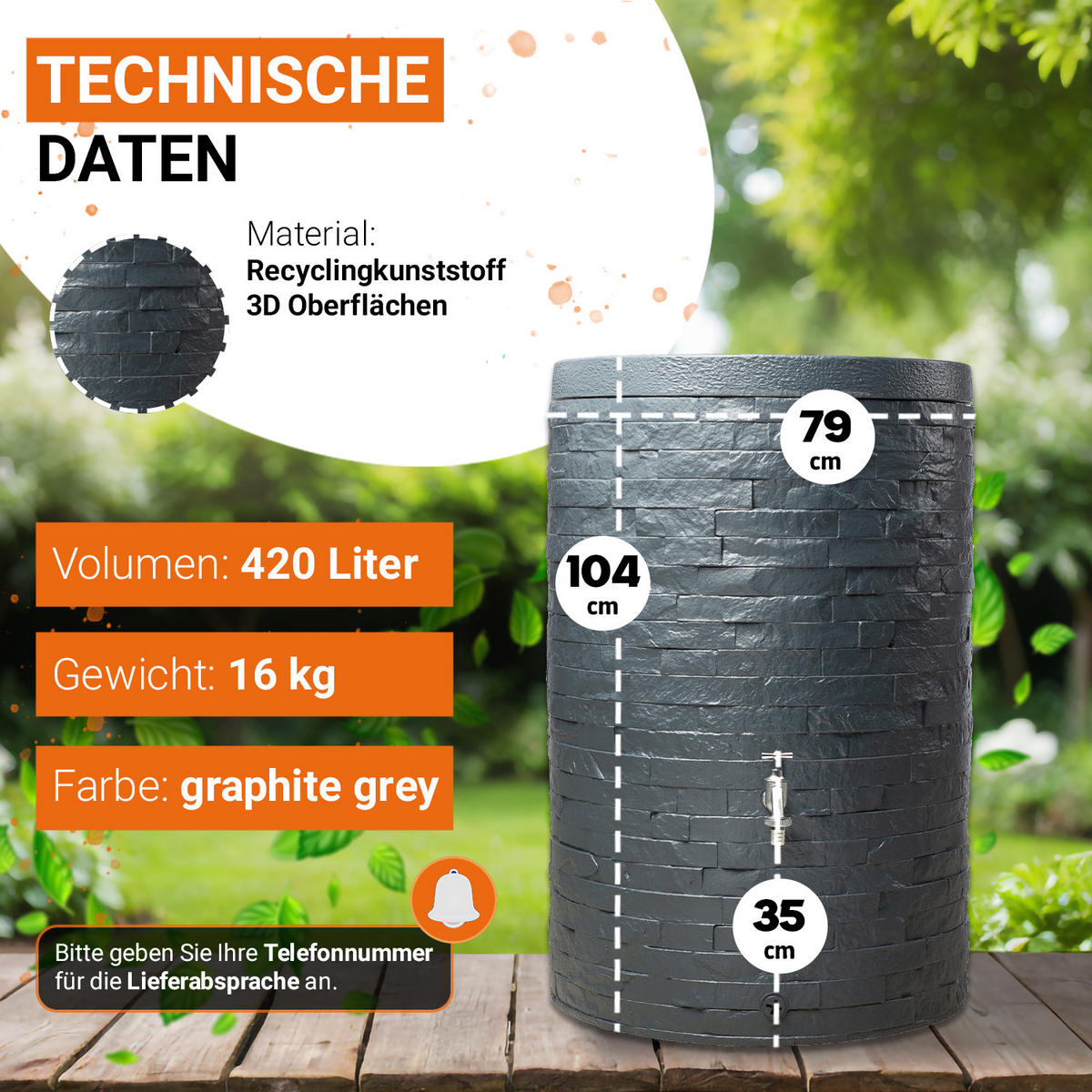 REGENTONNE 420 L, graphite grey - Grau, Kunststoff (79/104/79cm) - GARANTIA