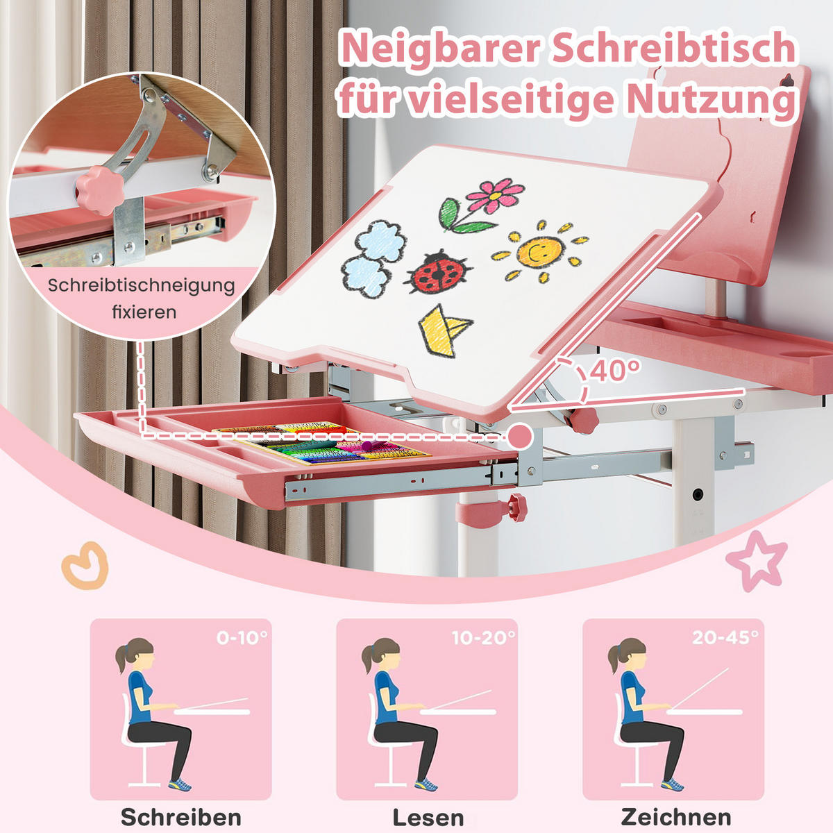 KINDERSCHREIBTISCH mit Stuhl Rosa(2-tlg) - Pink, Metall (80/83/50cm) - COSTWAY