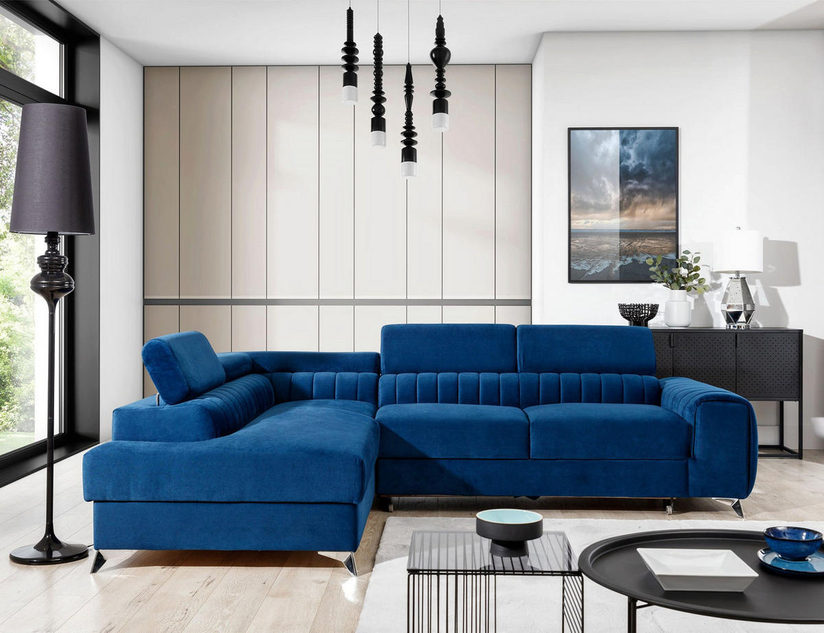 ECKSOFA Laurence mit Schlaffunktion & Bettkasten – 278 x 205 cm, verstellbare Kopfstützen - Blau, Kunststoff (278/205cm) - Wohnideebilder