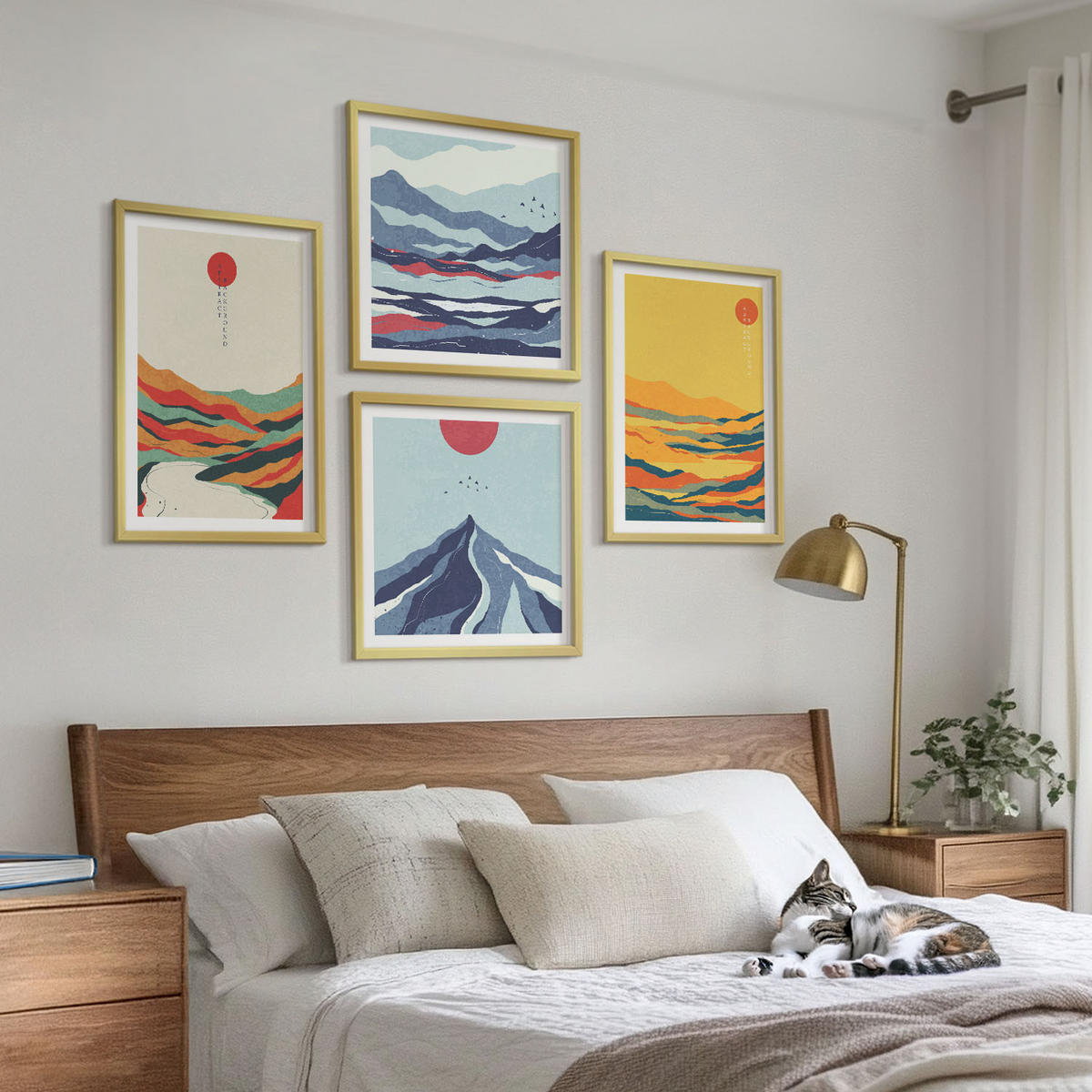 BILDER SET 4er Set - 50x50 cm & 40x60 cm Goldrahmen - Farbenfrohe abstrakte Flussberge - Goldfarben, Kunststoff (50/50cm) - TULUP