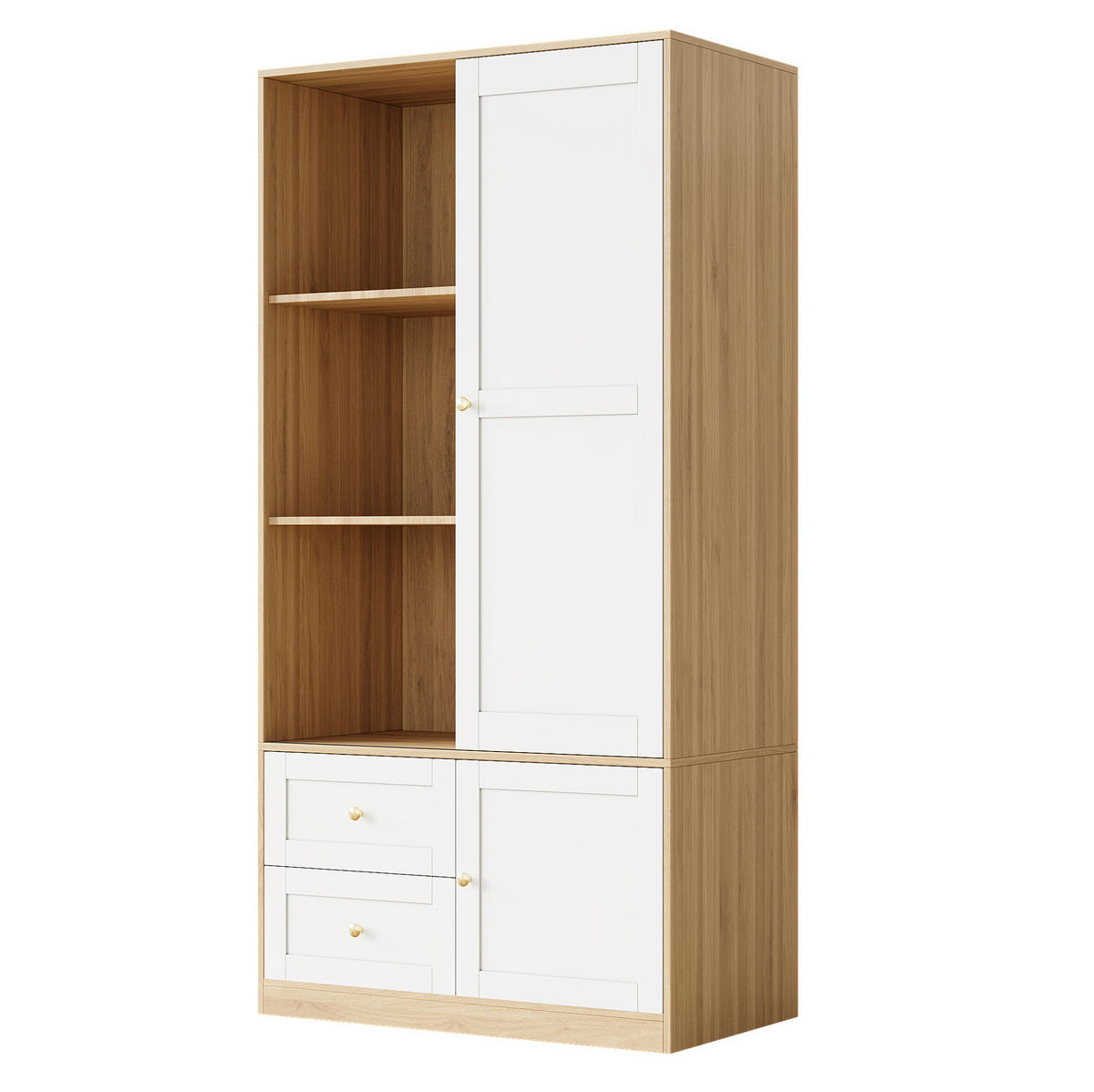 KLEIDERSCHRANK aus MDF 90x50x180 cm Natur/Weiß mit Schiebetür, Kleiderstange, Schubladen und Fächern - Naturfarben, Holzwerkstoff (90/180/50cm) - Modfu