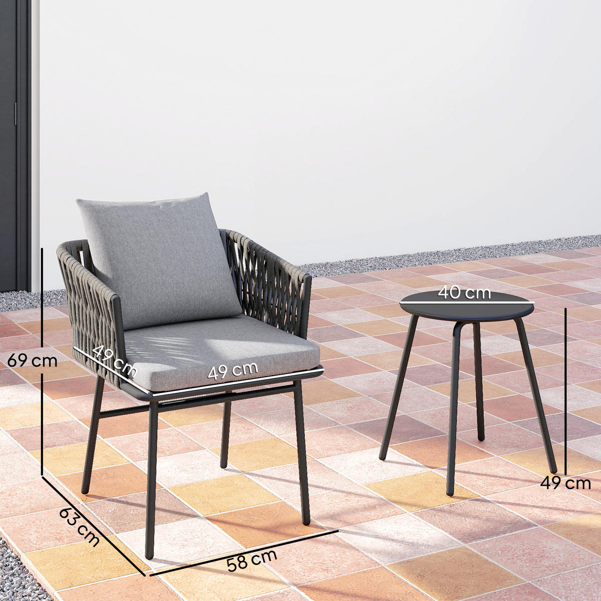 BISTRO-SET DE-06735 3-teilig, 2 Stühle & Tisch, mit 4 Kissen Grau - Grau, Kunststoff/Metall - ComfortXL