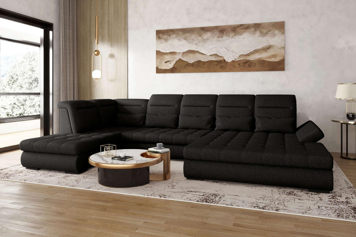 WOHNLANDSCHAFT Toscana Velours inkl. Schlaffunktion - Schwarz, Textil (358/87/208cm) - 99rooms