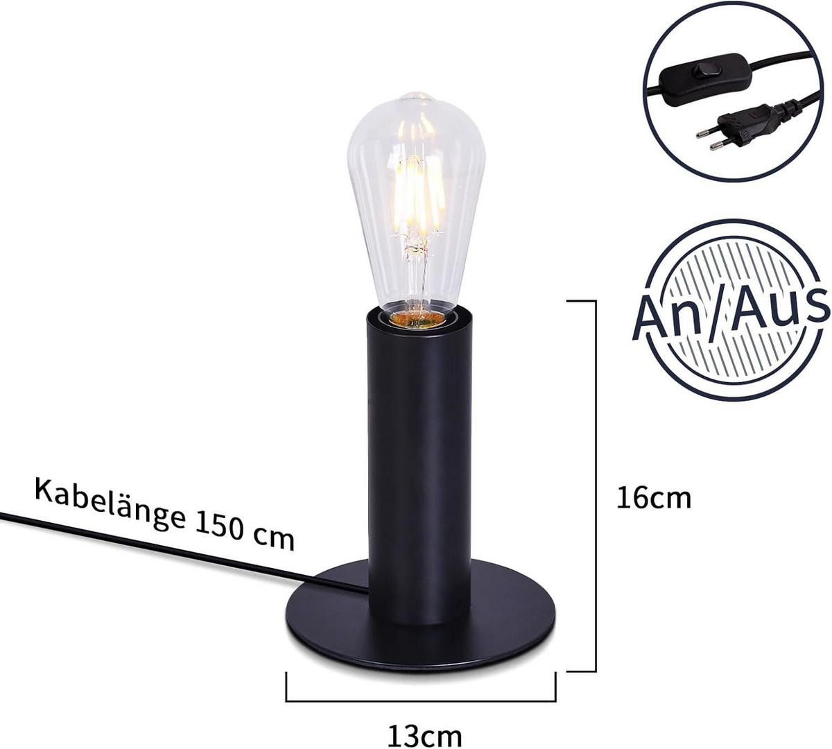 TISCHLAMPE Calista 13/13/15 cm - Schwarz, Metall (13/13/15cm) - ZMH