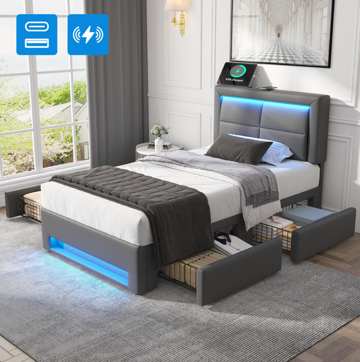 POLSTERBETT 90/190 cm Grau aus PU mit LED-Beleuchtung und 4 Schubladen - Grau, Kunststoff (90/200cm) - OKMYHOME