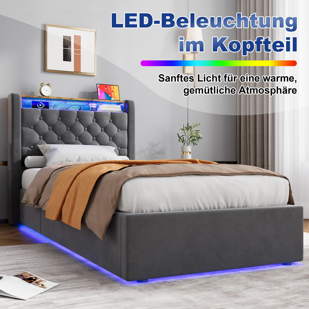 POLSTERBETT aus Samt 90x200 cm Grau mit LED-Beleuchtung & USB-Anschlüsse mit hydraulischem Stauraum - Grau, Textil (90/200cm) - Modfu